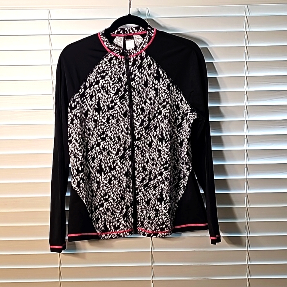 Swimsuits For All Womens Zip Up Long Sleeve Rash Guard Black & White Size 12